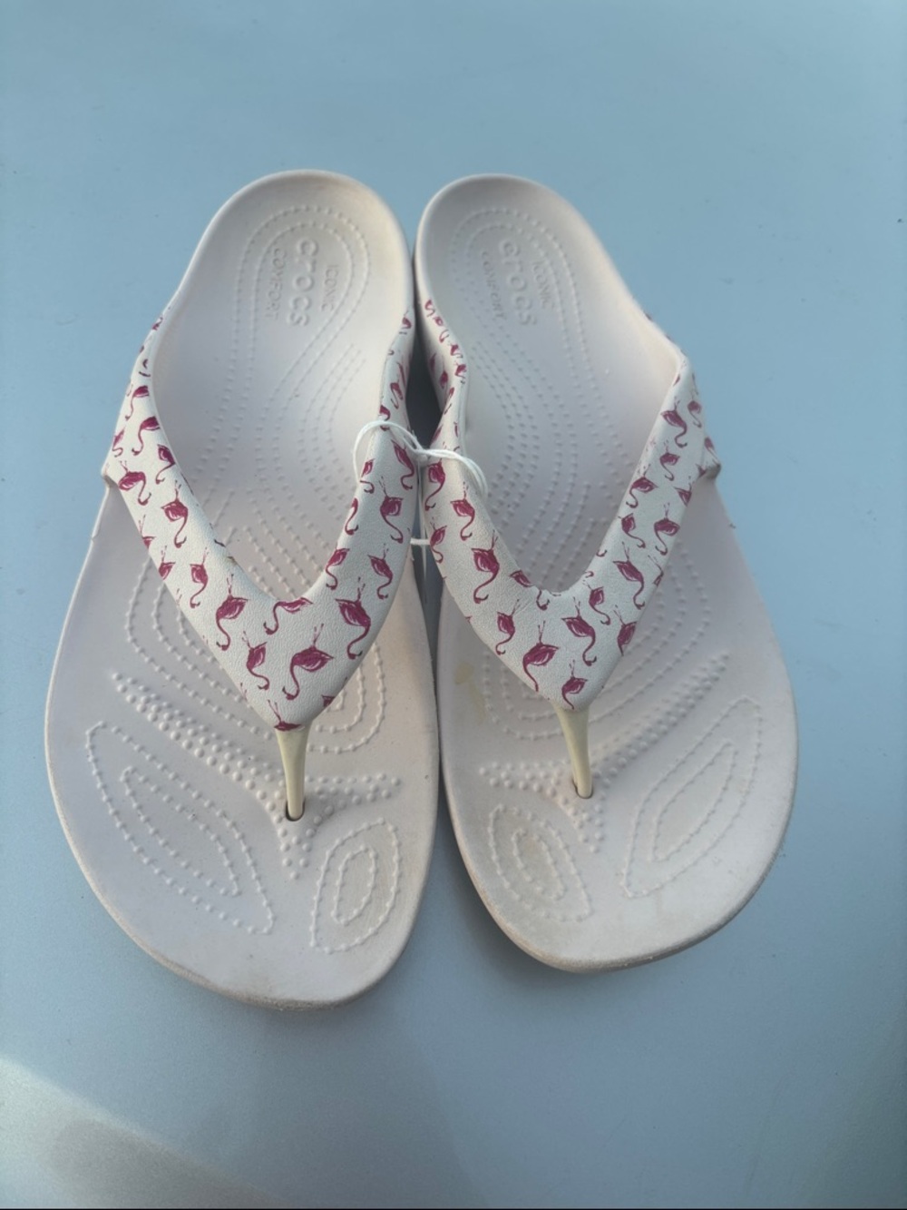 CROCS White Flip Flop Sandals with Pink Flamingo Strap size 10